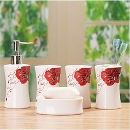 普润 多功能陶瓷卫浴四件套带托盘 洗漱套装 卫浴件套浴室用品 陶瓷卫浴套件卫生间用品 绿色